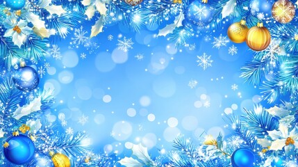Festive Blue Background with Christmas Ornaments and Snowflakes
