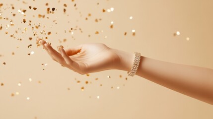 Luxury Gilded Aesthetics Mid-Air Golden Confetti and Diamond Gold Bracelet for National Jewel Day - Womens High-End Accessories in Spring Gift Markets and Bridal Fashion