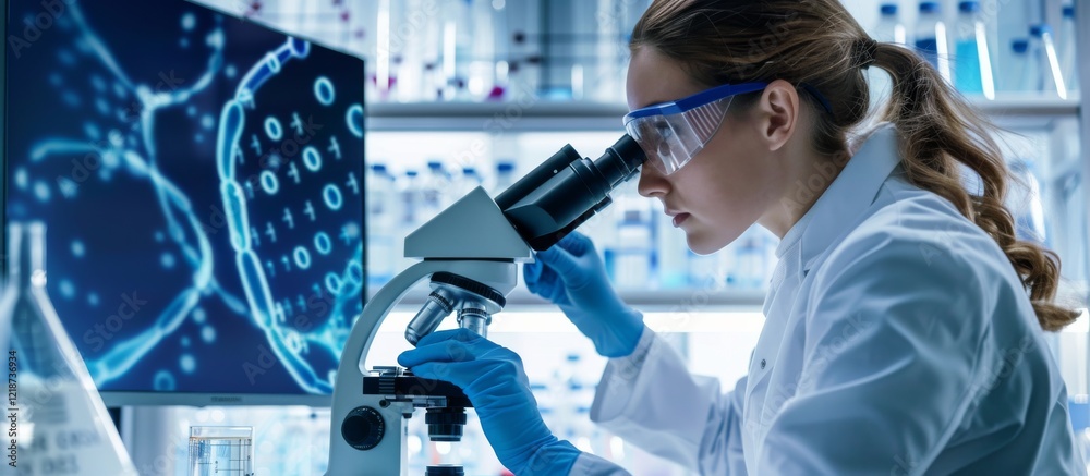 Poster A female scientist is working in a hightech laboratory, using a microscope and wearing safety gear. A data screen is visible in the background, creating an advanced research environment