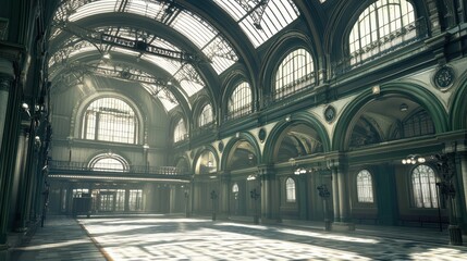 Obraz premium Sunlit Grand Hall with Ornate Architecture and Glass Roof
