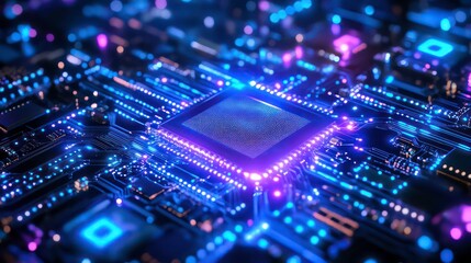 Obraz premium A futuristic motherboard glowing with blue and purple lights.