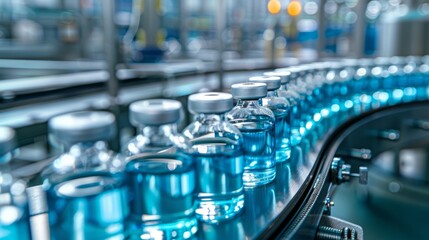 Close-up of glass vials filled with blue liquid on a conveyor belt in a high-tech pharmaceutical manufacturing plant, highlighting industrial automation and healthcare production processes.