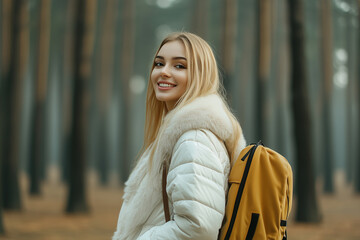 Fototapeta premium Young Woman Enjoying a Walk in a Foggy Forest Wearing Winter Clothing With a Stylish Backpack