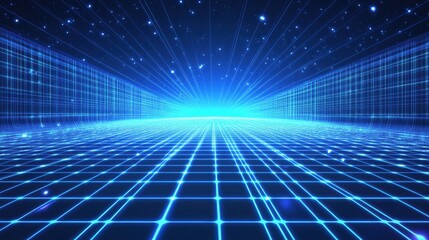Futuristic Grid Landscape with Blue Neon Lights