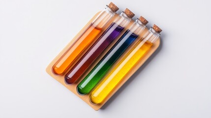 Fototapeta premium Vibrant Colored Liquids in Glass Test Tubes on Wooden Tray