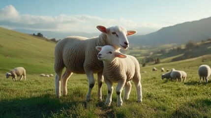 Obraz premium A Serene Pastoral Scene Featuring a Mother Sheep and Her Lamb Grazing Together in Lush Green Pastures Under a Clear Blue Sky