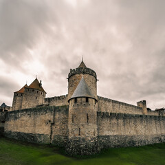 Fototapeta premium Vista de gran angular de la fachada del castillo medieval de piedra de Carcassonne con torres y murallas bajo un cielo nublado.