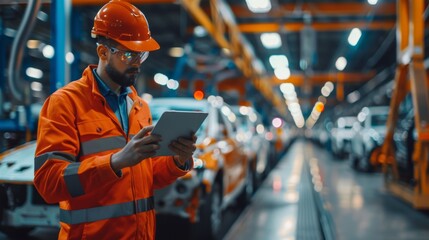 An engineer wearing safety gear and a hard hat uses a tablet to inspect a modern car manufacturing plant. The background shows a busy factory floor with cars on the production line.