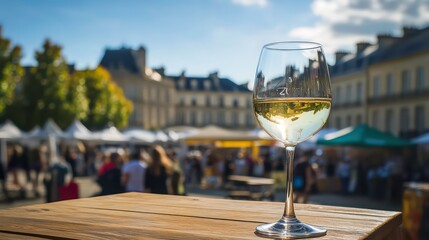 Obraz premium A glass of white wine sits elegantly on a wooden table, capturing the lively atmosphere of the Bordeaux wine festival. Stalls and colorful canopies create a festive backdrop
