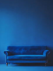 Blue luxury soft comfortable sofa on a blue plain background. Neural network AI generated art