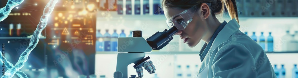 Poster in a cuttingedge laboratory, a scientist focuses on a dna helix through a microscope, showcasing adv