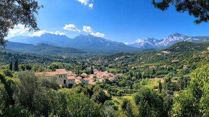 Fototapeta premium Serene Mountain Village Panorama: Breathtaking View of French Alps Village Nestled in Lush Green Valley