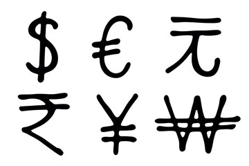 Hand drawn multiple currencies symbol set Dollar euro yuan yen won rupee