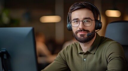 Customer support specialist engaged in remote work modern office professional environment close-up view business communication