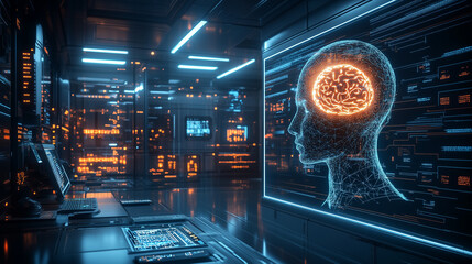 Futuristic Ai Brain Interface in a High Tech Digital Laboratory