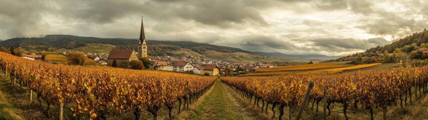 Autumnal Vineyard Landscape with Village and Church