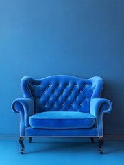 Blue luxury soft comfortable sofa on a blue plain background. Neural network AI generated art