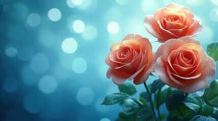 Peach roses bouquet, bokeh, romance, card