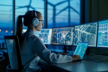 To ensure safe and efficient aviation operations, a control operator in a hightech center closely monitors radar and data screens for effective management of airspace, using advanced technology