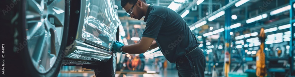 Poster a skilled technician inspects and performs quality check on an automobile in a state-of-the-art auto