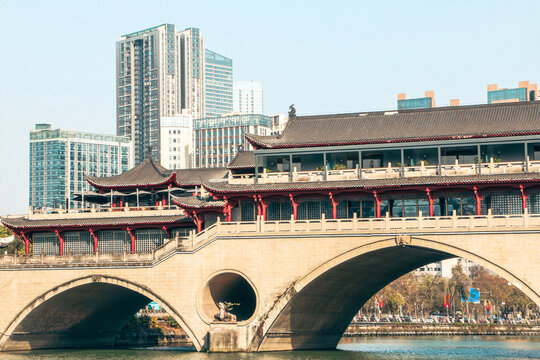 Partial landscape shot of the iconic ancient Chinese Anshun Bridge on the Jinjiang River, famous landmark of Chengdu, capital of Sichuan and one of China&rsquo;s mega cities