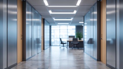 A clean, light-filled corridor spans modern office, hotel, and hospital interiors