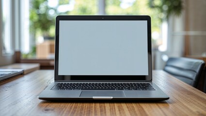Open silver laptop displaying a blank screen on a wooden office table