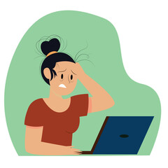 vector of a woman who was confused about the task was in front of the laptop