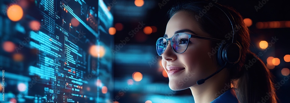 Aufkleber Confident Woman with Headset Analyzing Digital Data in Modern Tech Setting : Generative AI