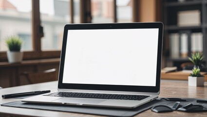 A silver laptop's open screen displays a blank desktop, a portable object of business technology