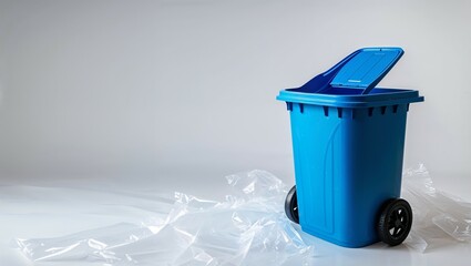 An isolated blue plastic bin with a white lid stands empty, ready for recycling metal, paper, or other waste