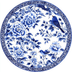 A blue and white flower design with two birds on it