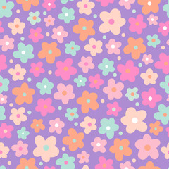 Flowers, colorful wildflowers, summer, simple drawing, seamless pattern, illustration, vector