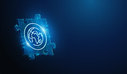 Abstract illustration of lineart world icon over low poly jigsaw puzzle.Blue geometric background depicting geopolitical synergy partnership,global crisis management politics concept by wireframe mesh