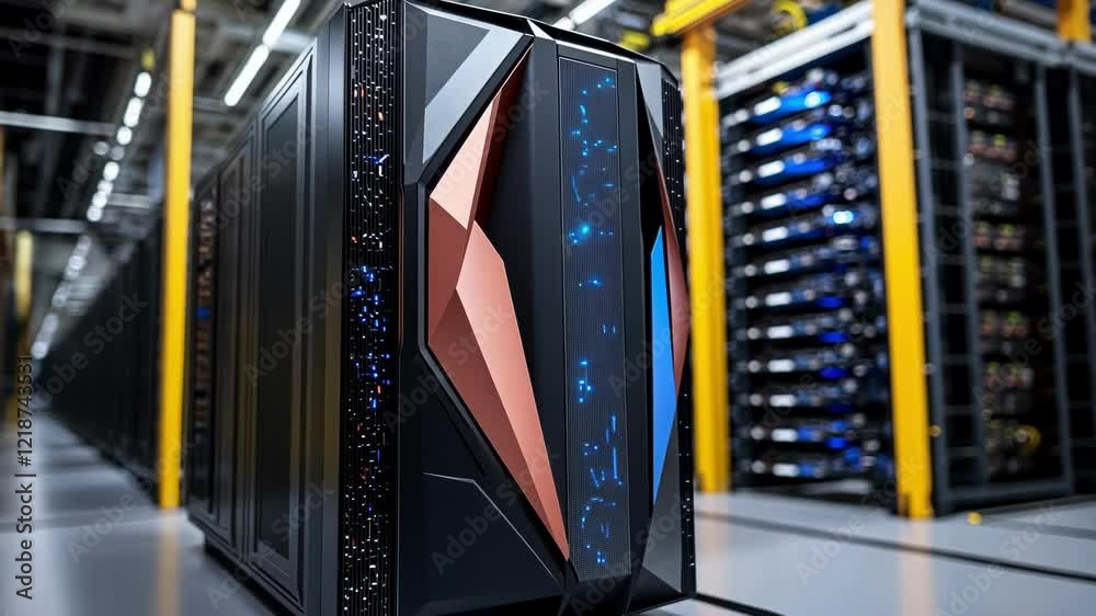 Poster quantum computer processing data in a server room with blue lights and servers in the background, re