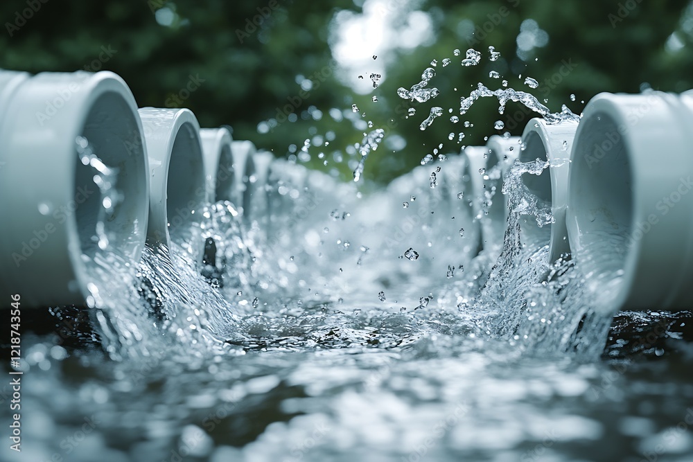 Poster dynamic image of countless pvc pipes with water jets, illustrating powerful water management solutio