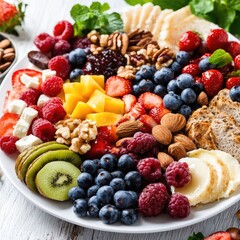 Delicious fruit and cheese platter, summer party, wooden background