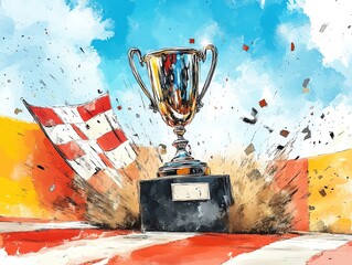 Racing trophy on a podium, gleaming in the spotlight, watercolor style