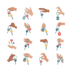 Hands holding various bunch of keys from house door or car. Electronic key with alarm system in arm. Rent auto or house in icon. Buying property, sell vehicle or apartment service. Vector illustration