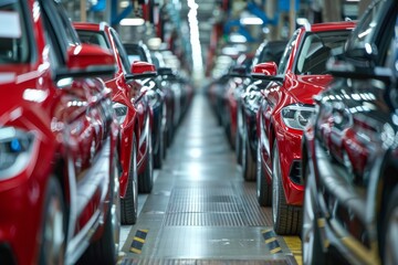 Fototapeta premium A bustling automobile assembly line featuring an array of shiny red cars in perfect symmetry. The modern factory setting highlights industrial precision and high-tech manufacturing processes.