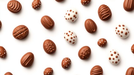 Fototapeta premium A variety of chocolate eggs with colorful drizzles and sprinkles on a white background. Festive Easter treat concept