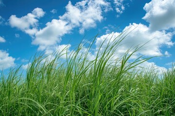 Fototapeta premium Lush green grass swaying under a bright blue sky with fluffy clouds.