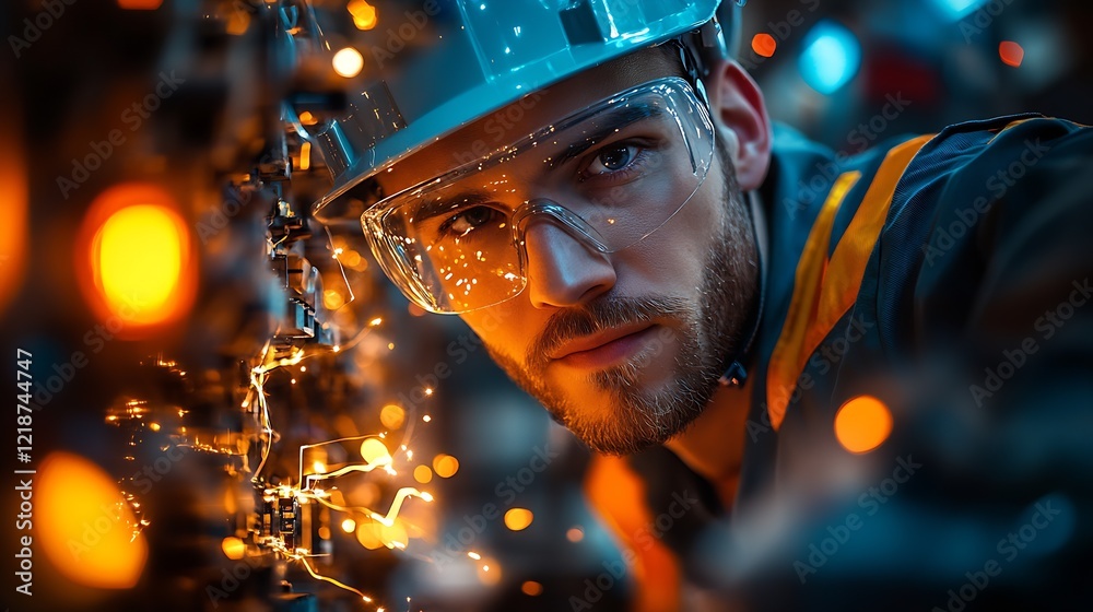 Aufkleber Young Technician Inspecting Electrical Components in Factory Environment : Generative AI