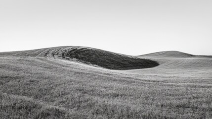 Monochrome landscape photo of rolling hills and fields.