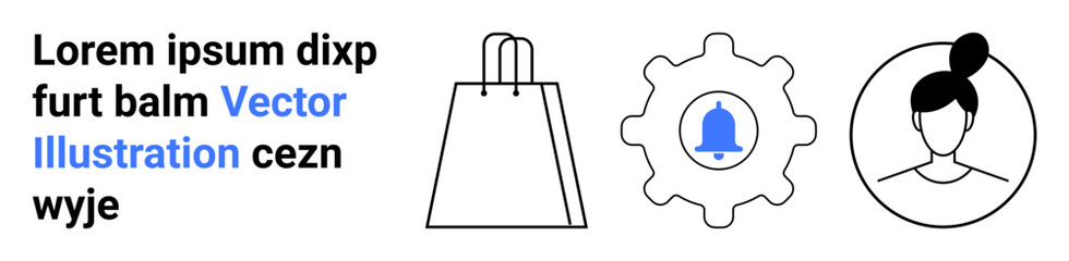 Shopping bag for e-commerce, notification bell inside gear for settings or alerts, and user profile icon. Ideal for online stores, user accounts, notifications, settings, profiles, e-commerce and UX