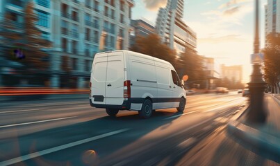A white delivery van speeds down a bustling urban street at sunset with motion blur showcasing its movement in a dynamic city. The scene portrays a fastpaced modern city environment