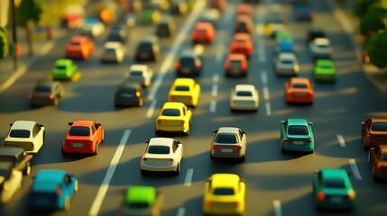 Obraz premium A vibrant city traffic scene showcasing various colorful vehicles on a busy road