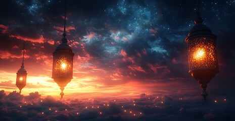 Obraz premium Three glowing lanterns float against dramatic sunset sky with stars