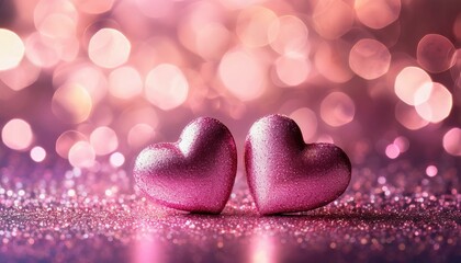Fototapeta premium two glittering pink hearts resting on a sparkling surface with a soft bokeh background