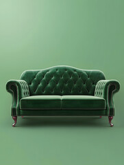Green luxury soft comfortable sofa on a green plain background. Neural network AI generated art